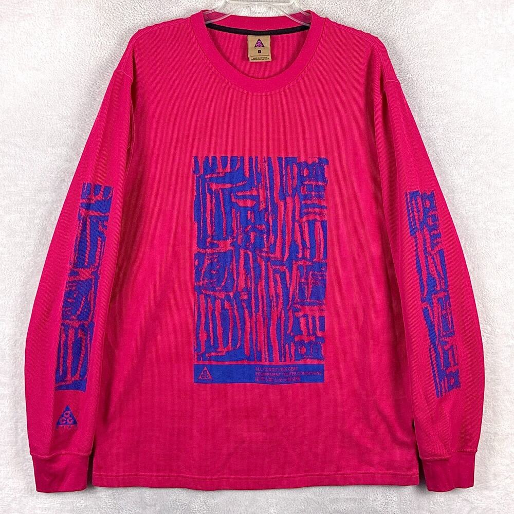 Nike ACG Shirt Mens L Pink Blue Wool Blend Waffle Knit Streetwear Skate Y2K
